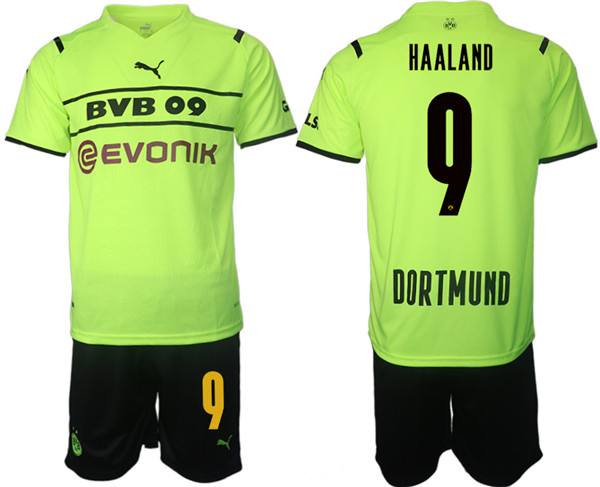 Men's Borussia Dortmund #9 Erling Haaland 2021/22 Green PUMA Cup Soccer Jersey with Shorts